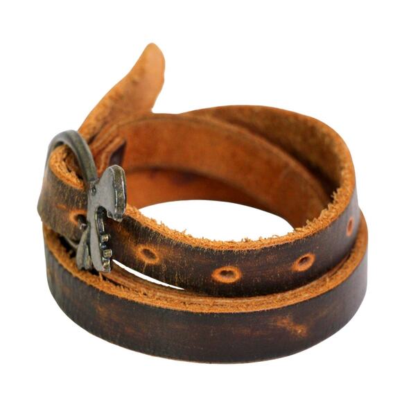 VTG BROWN REAL LEATHER 1/2"Wd HIPPO BUCKLE SKINNY DRESS WOMEN'S BELT Sz M (t73 - Picture 3 of 13